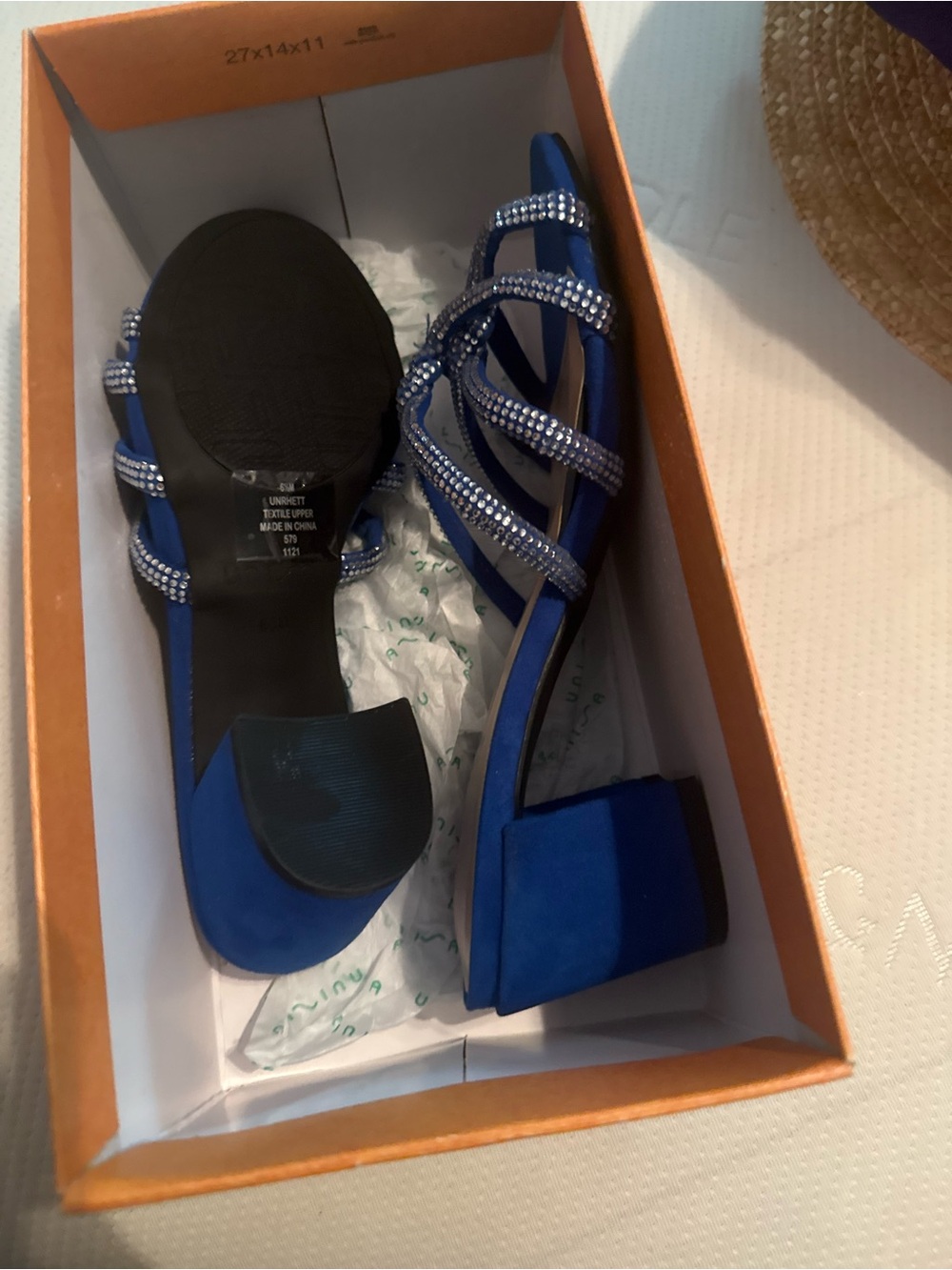 Blue Strappy Block Heel Sandals with Crystal Detail